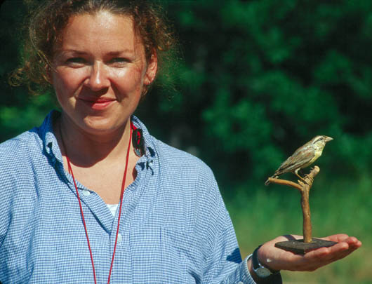 Mia Revels shows off a model painted to resemble a Swainson's Warbler. Photo by Dan L. Reinking.