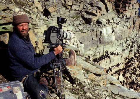 Neil Rettig filming cliff nesting murres in the arctic